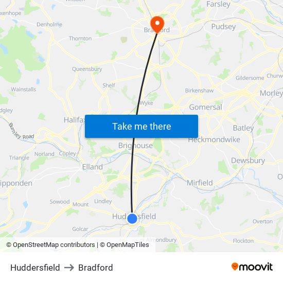 Huddersfield to Bradford map