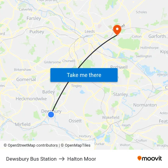 Dewsbury Bus Station to Halton Moor map