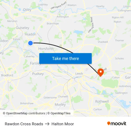 Rawdon Cross Roads to Halton Moor map