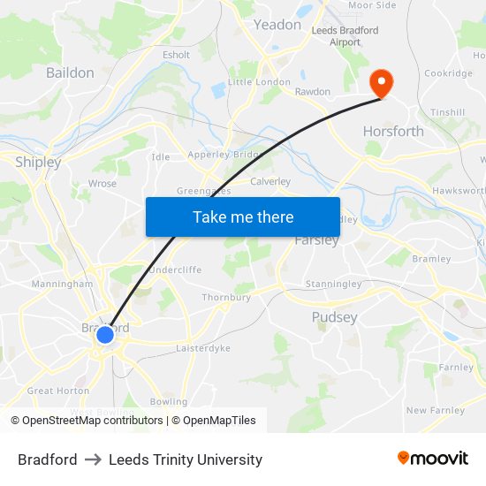 Bradford to Leeds Trinity University map