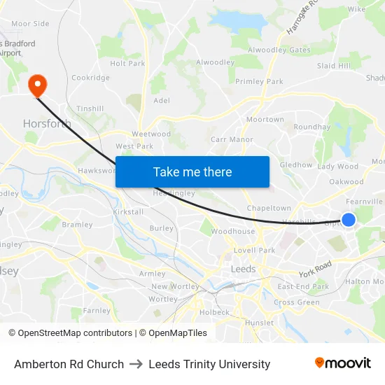 Amberton Rd Church to Leeds Trinity University map