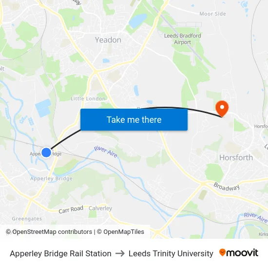 Apperley Bridge Rail Station to Leeds Trinity University map