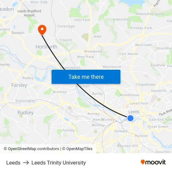 Leeds to Leeds Trinity University map