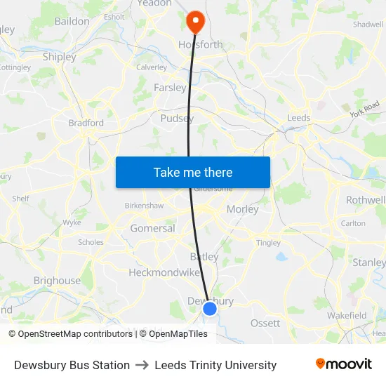 Dewsbury Bus Station to Leeds Trinity University map