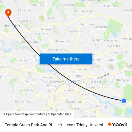 Temple Green Park And Ride to Leeds Trinity University map