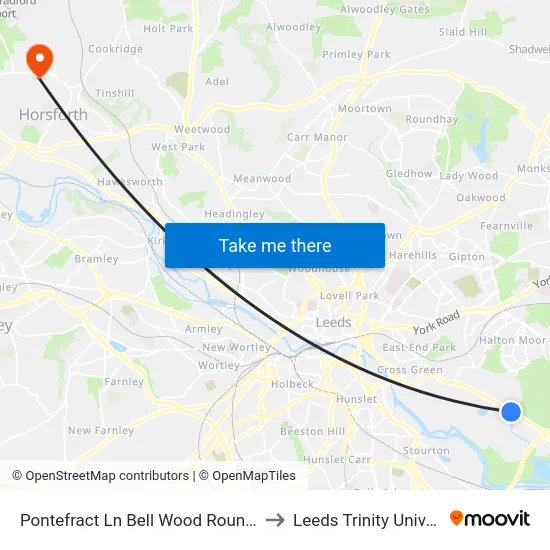 Pontefract Ln Bell Wood Roundabout to Leeds Trinity University map