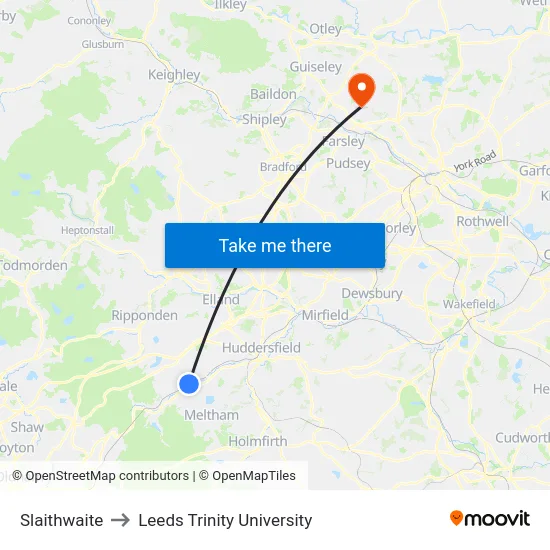 Slaithwaite to Leeds Trinity University map
