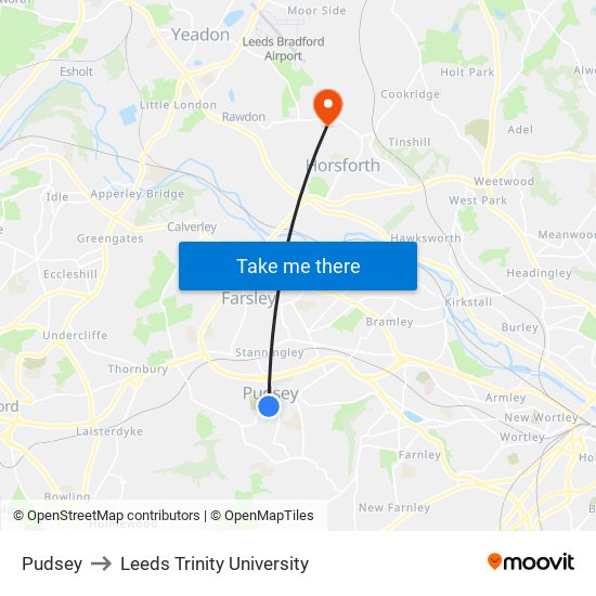 Pudsey to Leeds Trinity University map