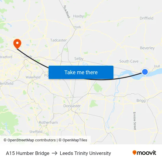 A15 Humber Bridge to Leeds Trinity University map