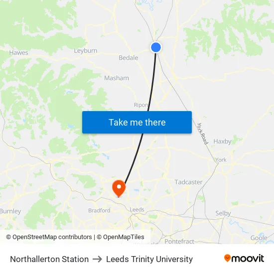 Northallerton Station to Leeds Trinity University map