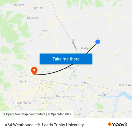 A64 Westbound to Leeds Trinity University map