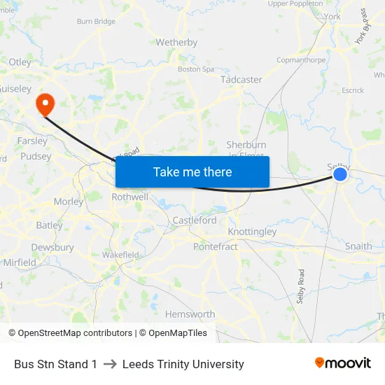 Bus Stn Stand 1 to Leeds Trinity University map