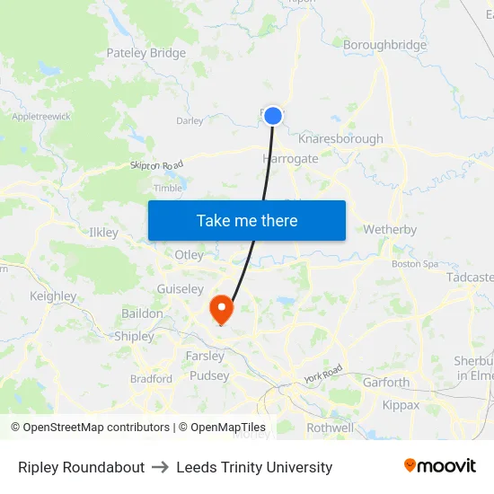Ripley Roundabout to Leeds Trinity University map
