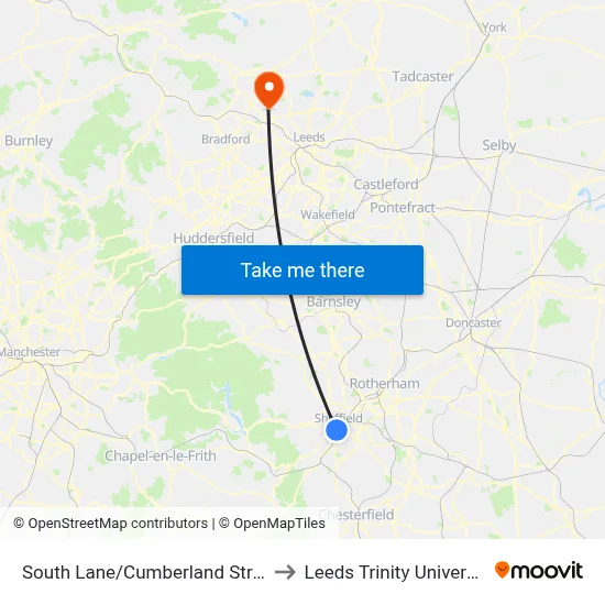 South Lane/Cumberland Street to Leeds Trinity University map