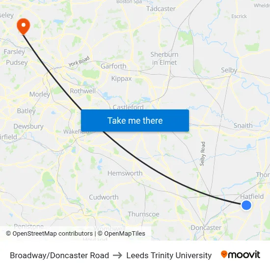 Broadway/Doncaster Road to Leeds Trinity University map