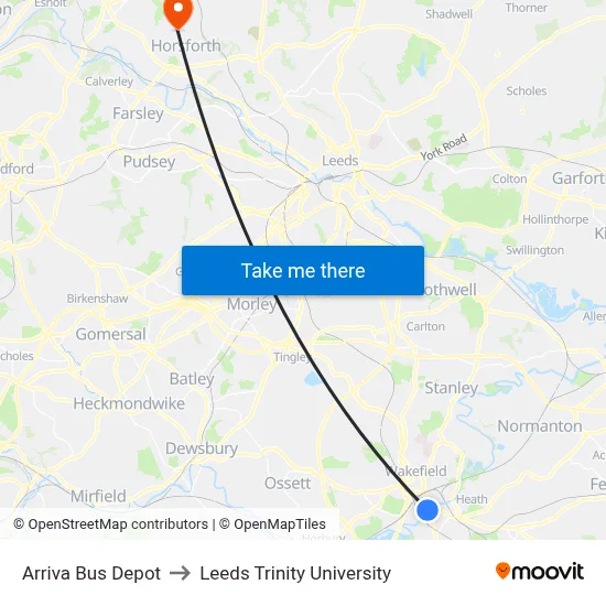 Arriva Bus Depot to Leeds Trinity University map