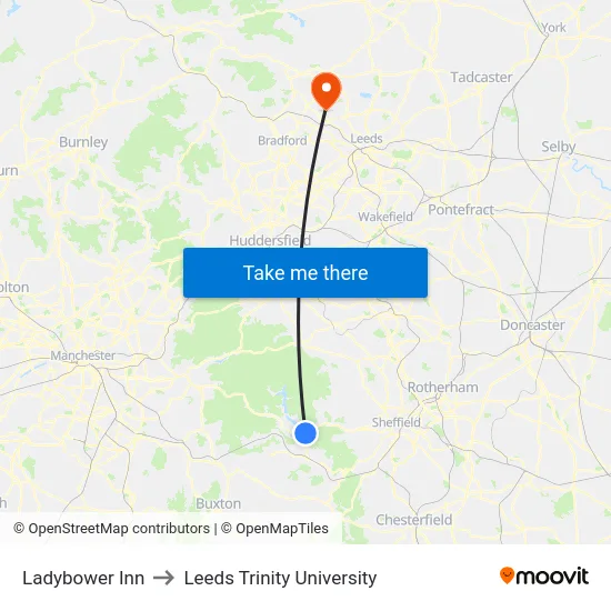 Ladybower Inn to Leeds Trinity University map