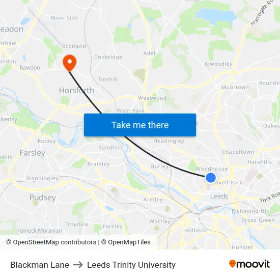 Blackman Lane to Leeds Trinity University map