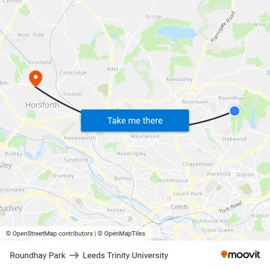 Roundhay Park to Leeds Trinity University map