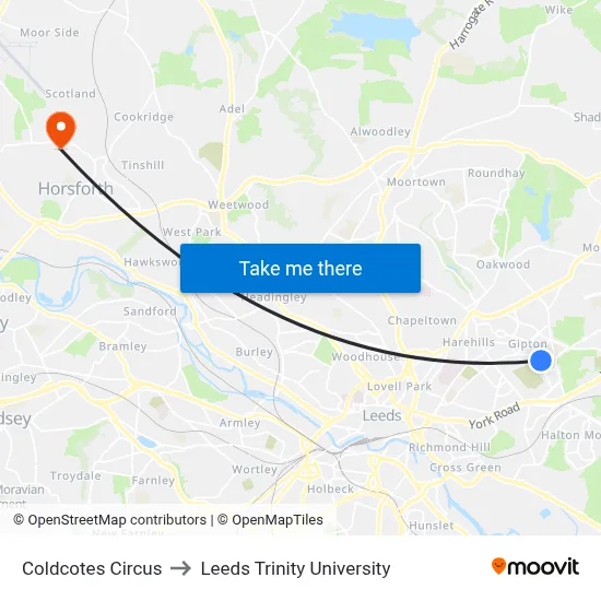Coldcotes Circus to Leeds Trinity University map