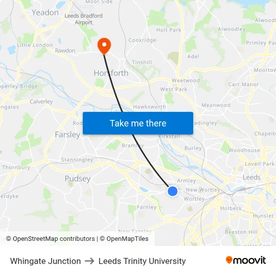 Whingate Junction to Leeds Trinity University map