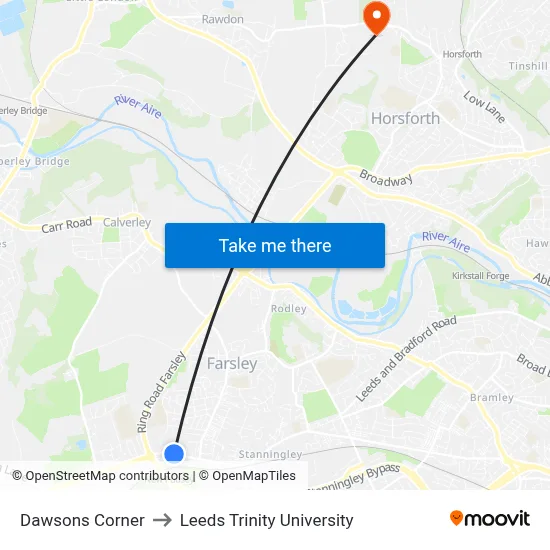 Dawsons Corner to Leeds Trinity University map