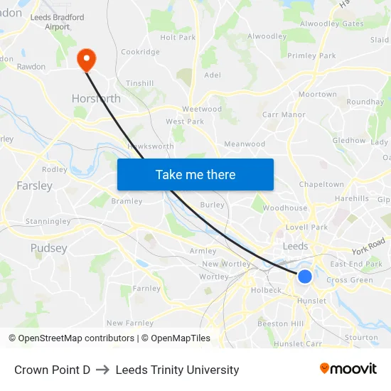 Crown Point D to Leeds Trinity University map