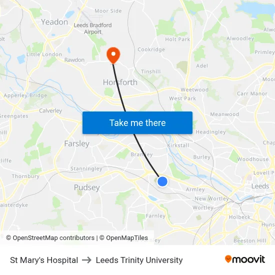 St Mary's Hospital to Leeds Trinity University map