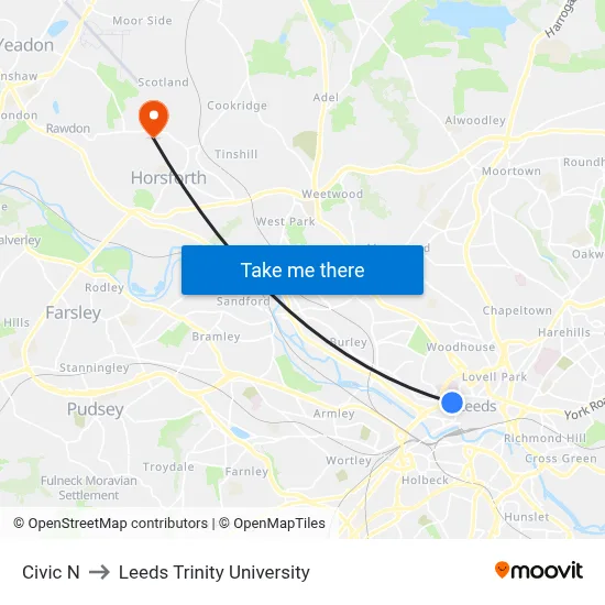 Civic N to Leeds Trinity University map