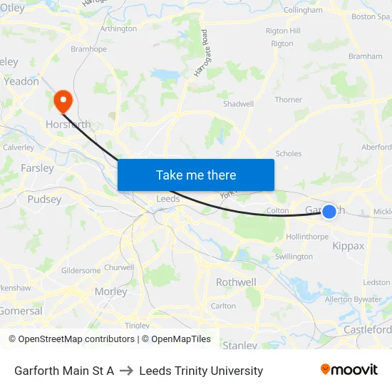 Garforth Main St A to Leeds Trinity University map