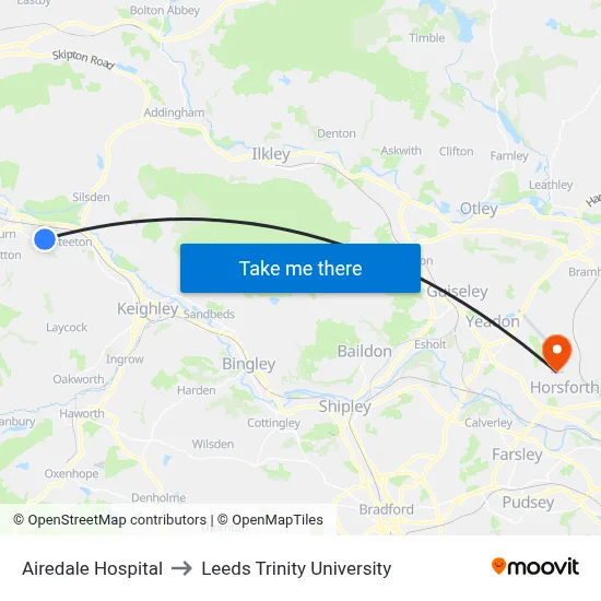 Airedale Hospital to Leeds Trinity University map