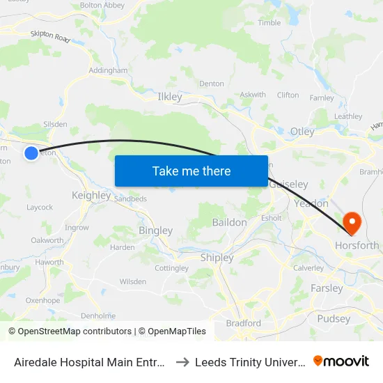 Airedale Hospital Main Entrance to Leeds Trinity University map