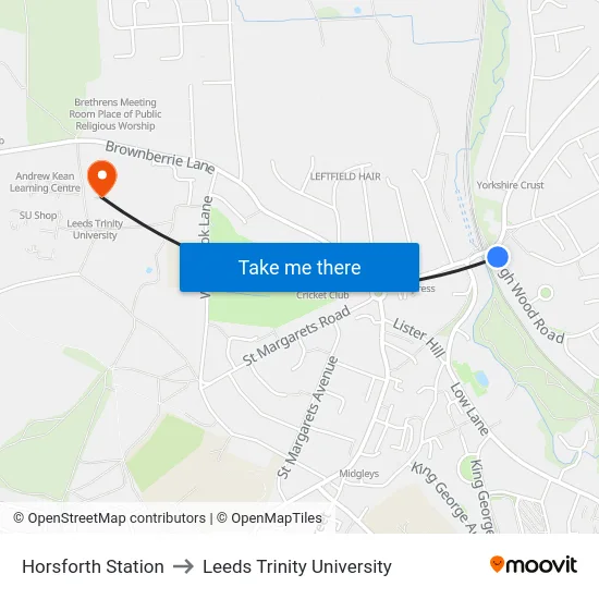Horsforth Station to Leeds Trinity University map