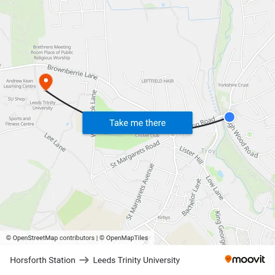 Horsforth Station to Leeds Trinity University map