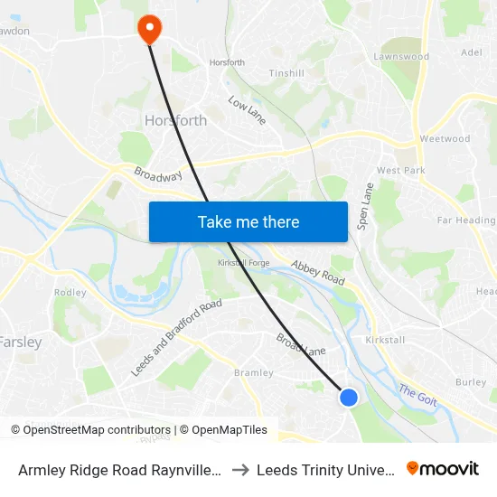 Armley Ridge Road Raynville Cres to Leeds Trinity University map