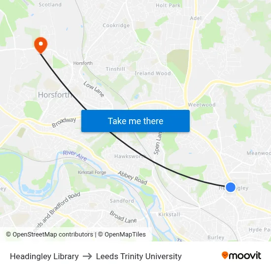 Headingley Library to Leeds Trinity University map