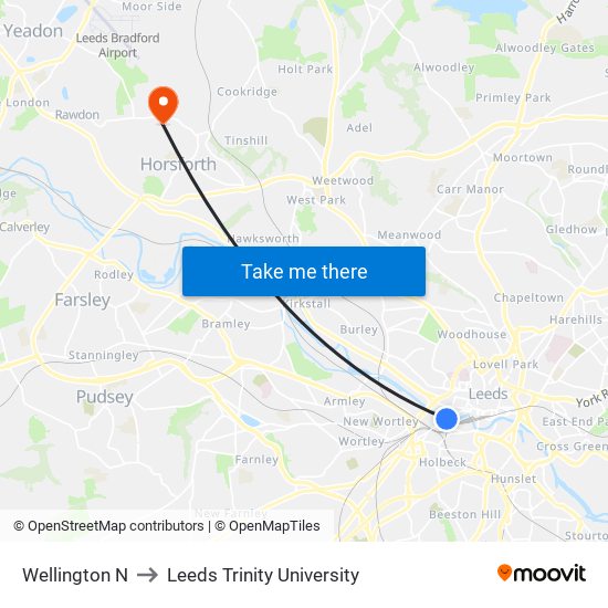 Wellington N to Leeds Trinity University map