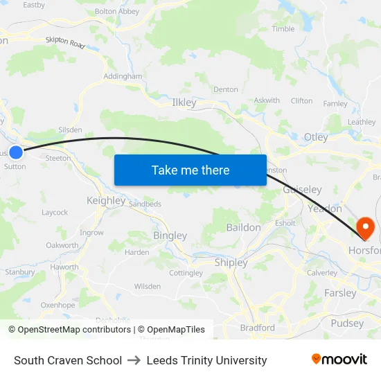 South Craven School to Leeds Trinity University map
