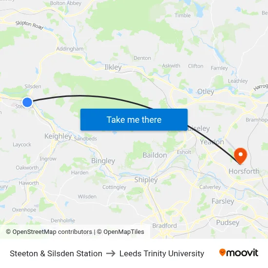 Steeton & Silsden Station to Leeds Trinity University map