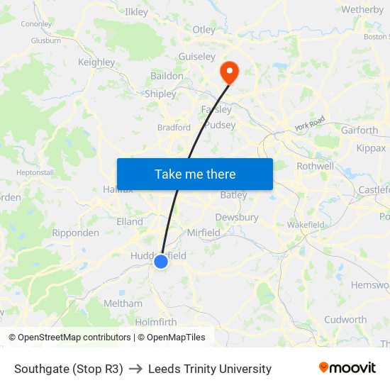 Southgate (Stop R3) to Leeds Trinity University map