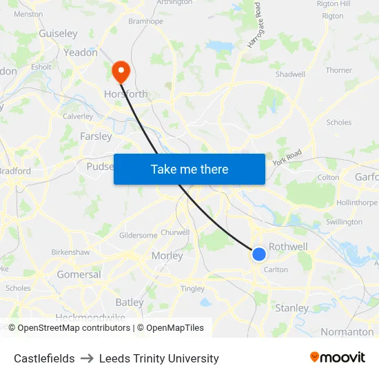 Castlefields to Leeds Trinity University map