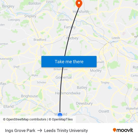 Ings Grove Park to Leeds Trinity University map