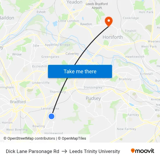 Dick Lane Parsonage Rd to Leeds Trinity University map