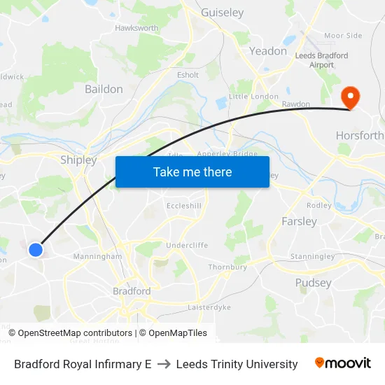 Bradford Royal Infirmary E to Leeds Trinity University map