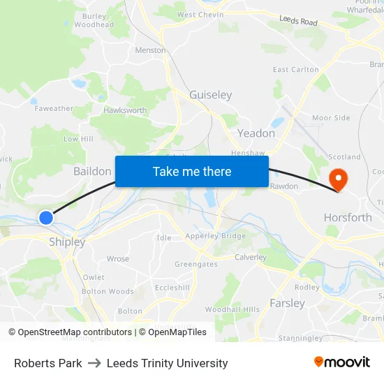 Roberts Park to Leeds Trinity University map