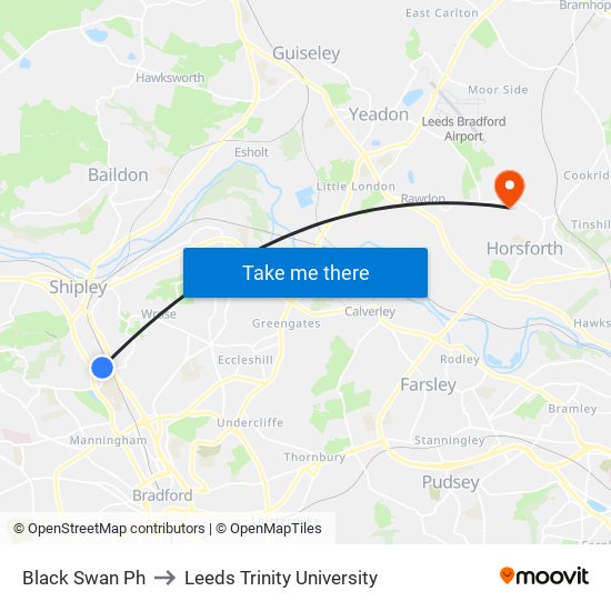 Black Swan Ph to Leeds Trinity University map