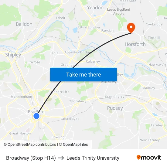 Broadway (Stop H14) to Leeds Trinity University map