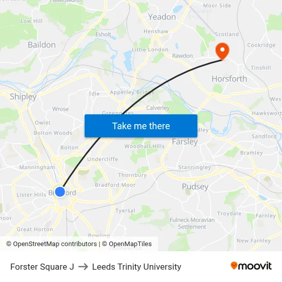 Forster Square J to Leeds Trinity University map