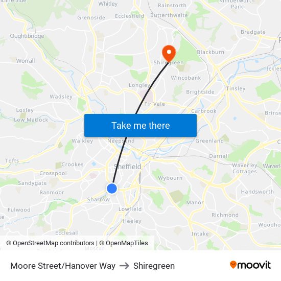 Moore Street/Hanover Way to Shiregreen map