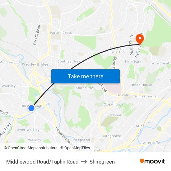 Middlewood Road/Taplin Road to Shiregreen map